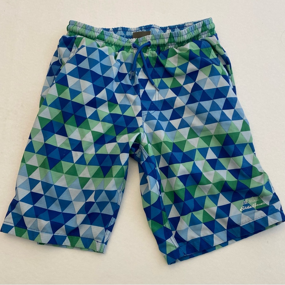 Eddie Bauer Boys Swim Trunks Shorts Blue Diamond Pattern Mesh Lining Medium